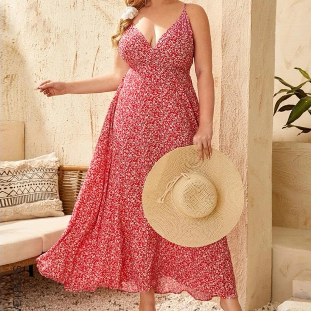 SHEN plus size ditsy floral cami dress - red